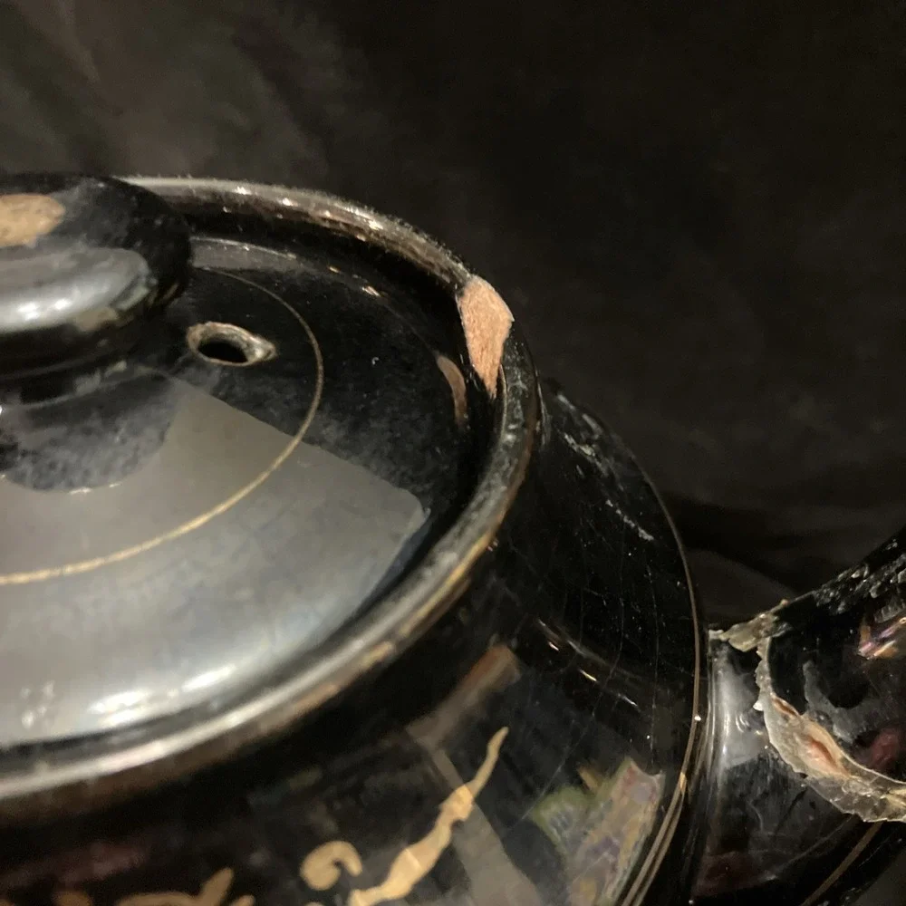 Hand Painted VTG Black Teapot Gold Trim Moriage Raised Dots Japan Glued Spout